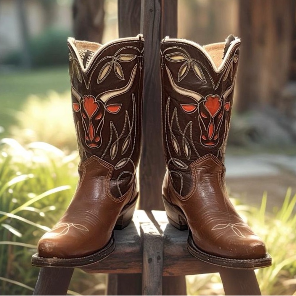 Women’s Size 6.5 M - 1960’s Acme Cowboy Western Boots Bull Head Inlays